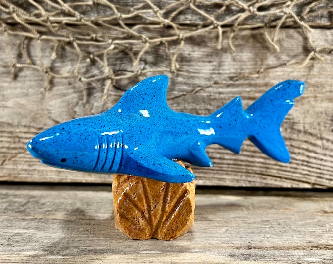 Blue Great White Shark Handcrafted Marble Stone Figurine On Natural Marble Base