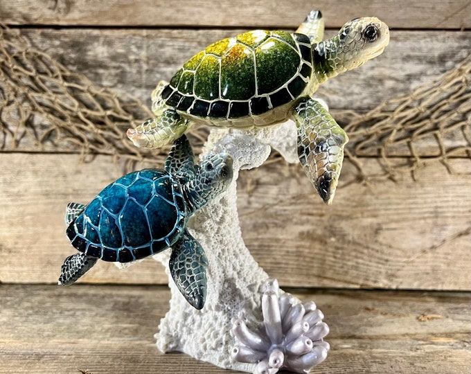 Polyresin Blue and Green Sea Turtle Pair Exploring Coral Reef with Sea Anemone Statue