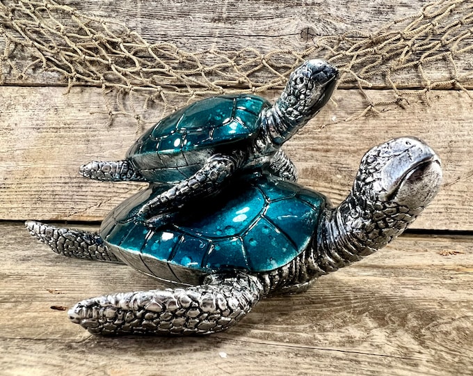 Resin Metallic-Look Patinated Sliver Mother and Baby Sea Turtles with Teal Shells Tabletop Statue