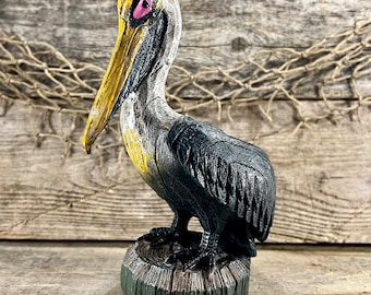 Wood-Look Resin Hand-Painted Coastal Pelican On Post Tabletop Statue