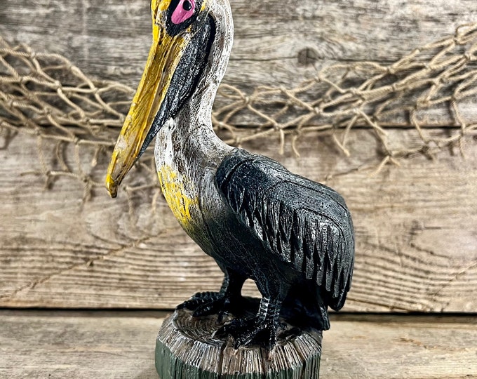 Wood-Look Resin Hand-Painted Coastal Pelican On Post Tabletop Statue