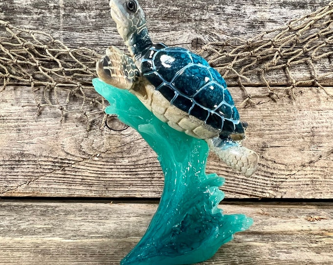 Polyresin Blue Sea Turtle Riding Acrylic Aquamarine Ocean Wave Statuette