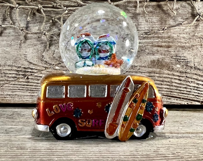 Resin and Glass Red and Gold Metallic-Look Beach Bus Water Globe with Surfboards and Flip Flops