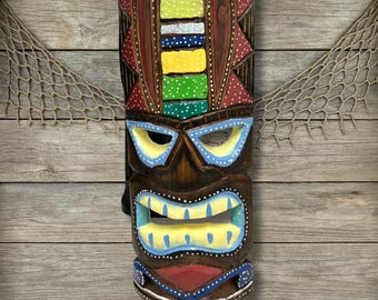 Colorful Tiki Mask Wall Decor Hand Carved Hand Painted Wood Tribal Wall Art Polynesian Island Plaque Beach House Jungle Theme Decor