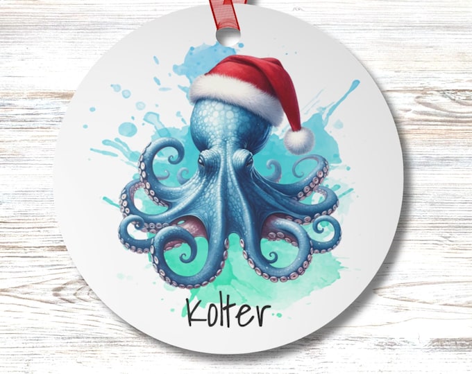 Personalized Octopus Santa Christmas Ornament Custom Name Coastal Holiday Sea Life Ocean Animal Round Christmas Gift for Beach Lovers
