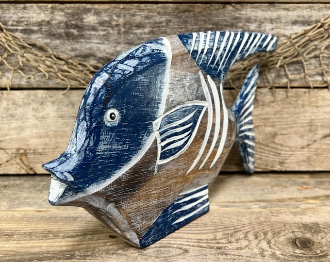 Hand Carved Wooden Angelfish Statue: Rustic Coastal Beach Decor