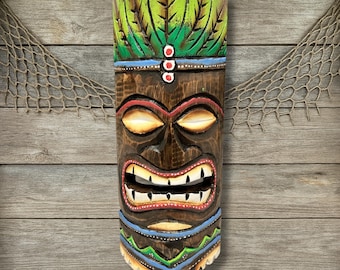 Tropical Tiki Mask Wall Decor Hand Carved Hand Painted Wood Polynesian Wall Plaque Island Jungle Beach House Wall Art Coastal Gift