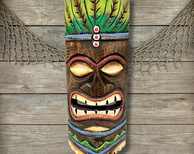 Tropical Tiki Mask Wall Decor Hand Carved Hand Painted Wood Polynesian Wall Plaque Island Jungle Beach House Wall Art Coastal Gift