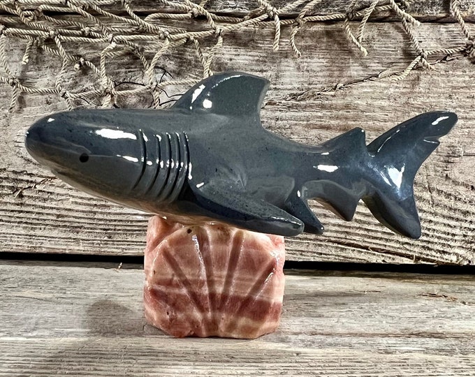Gray Great White Shark Handcrafted Marble Stone Figurine On Natural Marble Base