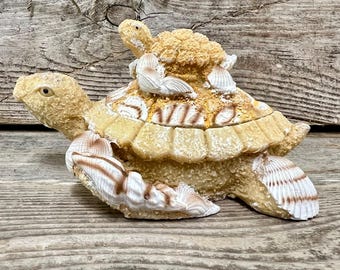 Sea Turtle Jewelry Box Resin Sand and Seashells Mother Baby Hidden Compartment Coastal Decor