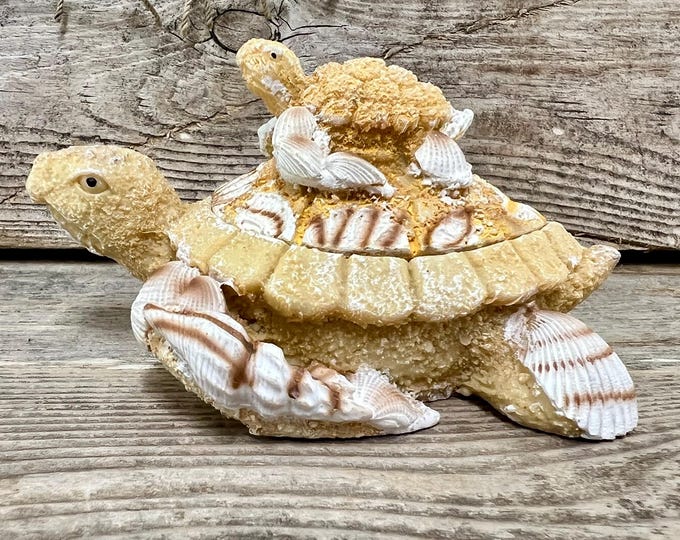 Sea Turtle Jewelry Box Resin Sand and Seashells Mother Baby Hidden Compartment Coastal Decor
