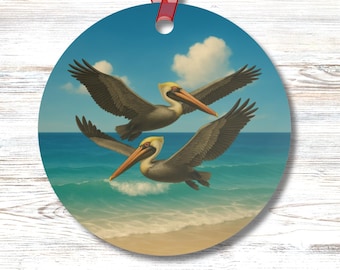Pelican Ornament: Double-Sided Coastal Bird Art, Beach House Decor