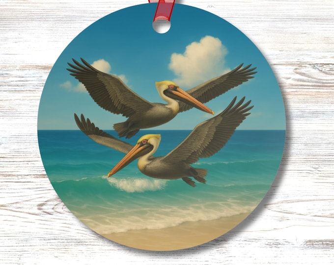 Pelican Duo Ornament Round Double Sided Ocean Bird Gift Beach House Decor Coastal Wildlife Ornament for Tree Car Office or Vacation