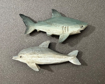 Resin Wood-Look Great White Shark and Bottlenose Dolphin Magnets; SET OF 2