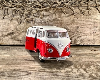 1967 Red and White Die-Cast Volkswagen (VW) Beach Bus with Pull-Back Action and Opening Door