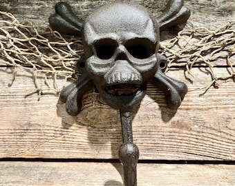 Rustic Brown Skull and Crossbones Cast Iron Wall Hook