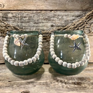 Handmade Green Glass Coastal Jars with Starfish - Beaded Handle, Set of 2