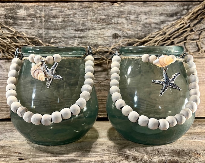 Handmade Decorative Opaque Green Glass Coastal Beaded Handle Jar with Starfish  and Seashell Embellishment SET OF 2