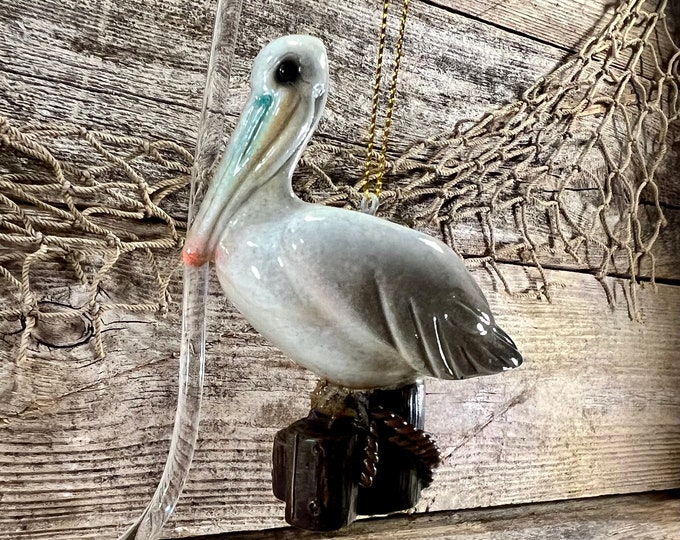 Great White Pelican On Pilings Polyresin Figuine Ornament