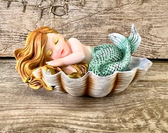 Sleepy Mermaid with Green Tail Napping In Clam Shell Tabletop Statuette