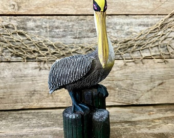 Coastal Resin Brown Pelican Statue on Pilings Tabletop Decor Beach House Gift Nautical Home Decor Sea Bird Lovers Figurine