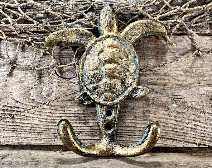 Patinated Bronze Finish Cast Iron Sea Turtle Two-Prong Wall Hook