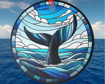 Suncatcher-Inspired Whale Tail Ornament Good Luck Gift Blue Ocean Desk Tree Mirror Decor Round Metal Blue Sky Clouds Diving Whale Charm