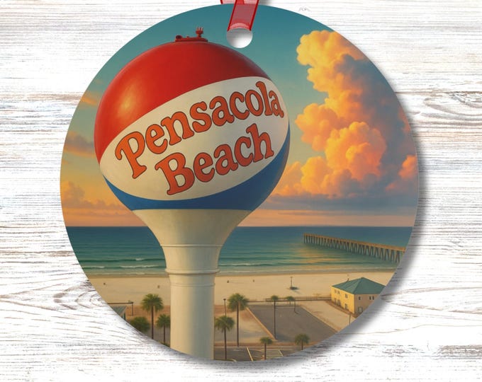 Pensacola Beachball Ornament Round Florida Water Tower Decor Coastal Gift for Beach Lovers Car Mirror Ornament Desk or Tree Display