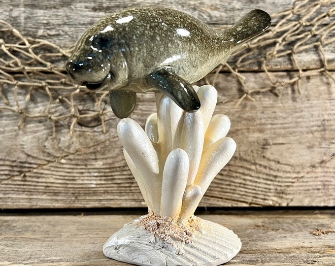 Realistic Florida Manatee On Coral Reef with Sea Anemone and Seashell Stand Polyresin Tabletop Statue
