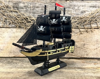 Handcrafted Wood “Black Pearl” Pirate Ship with Jolly Roger Sails Tabletop Decor