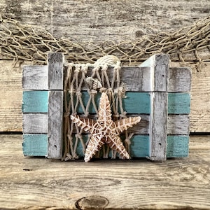 Distressed Aqua and White Handmade Wood Coastal Keeper Box with Starfish, Seashells, and Fishing Net