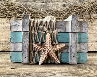 Distressed Aqua and White Handmade Wood Coastal Keeper Box with Starfish, Seashells, and Fishing Net