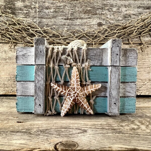 Distressed Aqua and White Handmade Wood Coastal Keeper Box with Starfish, Seashells, and Fishing Net