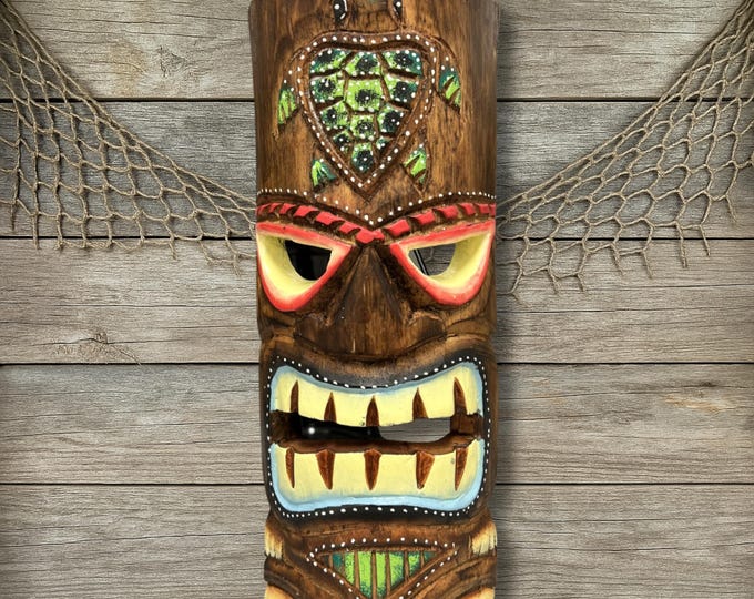 Sea Turtle Tiki Mask Handmade Wood Wall Art Tropical Coastal Decor Island Style Wall Hanging Beach House Plaque Polynesian Home Decor