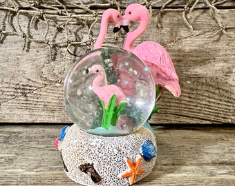 Hand-Painted Resin and Glass Florida Pink Flamingo Couple Water Globe