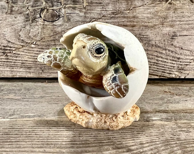Large “Peeking” Green Sea Turtle Hatchling Climbing From Egg Polyresin Figurine