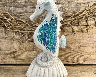 Coastal-Inspired Seahorse Figurine Handcrafted Wood-Look Plaster and Mosaic Accent Gift for Beach and Sea Life Lovers