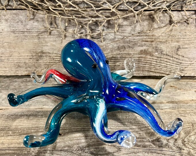 Handblown Glass Octopus Figurine Multicolor Blue Green Red White Glitter Swirls Clear Decorative Sea Creature