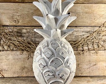 Hand-Carved Distressed White Coastal Pineapple Wood Tabletop Statue