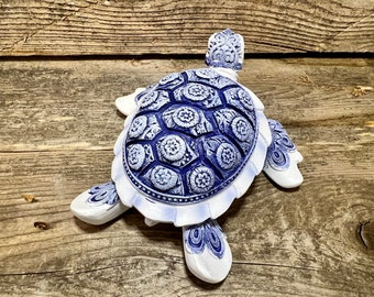 Resin Hand-Painted White Sea Turtle w/ Navy Blue Floral Shell Figurine