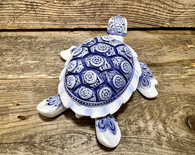 Resin Hand-Painted White Sea Turtle w/ Navy Blue Floral Shell Figurine