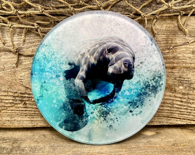 Manatee Glass Coasters Set of 4 Beach Decor Drink Coasters Coastal Gift for Manatee Lovers Tropical Home Housewarming Gift