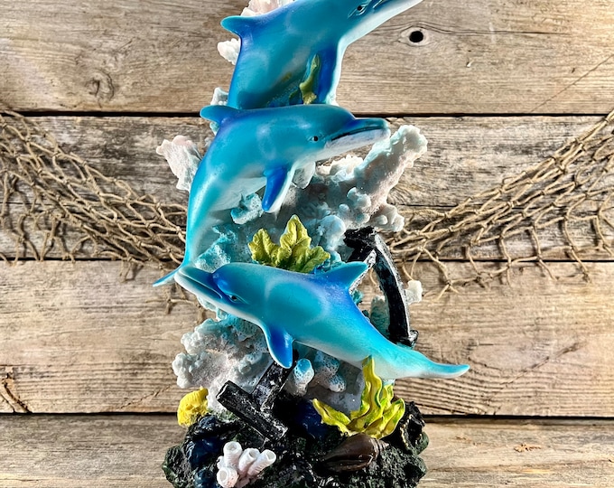 Bottlenose Blue Dolphin Trio Exploring Ship’s Anchor On Sparkling Coral Reef Hand-Painted Resin Statue