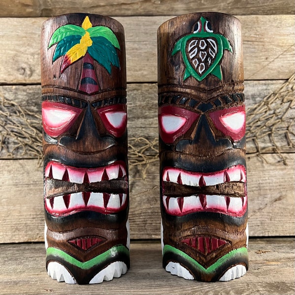 Hand-Carved Wood “Sea Turtle” and “Coconut Palm” Tiki Totem Pole Tabletop Sculptures; SET OF 2