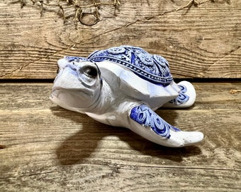 Resin Hand-Painted White Sea Turtle w/ Navy Blue Floral Shell Figurine