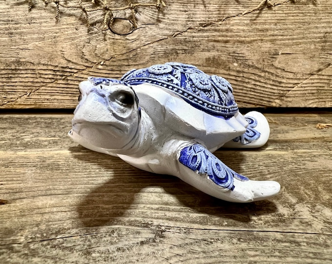 Resin Hand-Painted White Sea Turtle w/ Navy Blue Floral Shell Figurine
