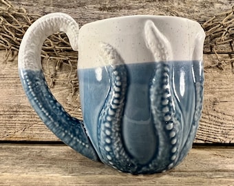 Blue Glazed and Bisque Porcelain Octopus Coffee Mug