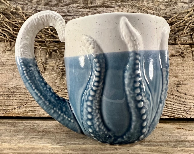 Blue Glazed and Bisque Porcelain Octopus Coffee Mug