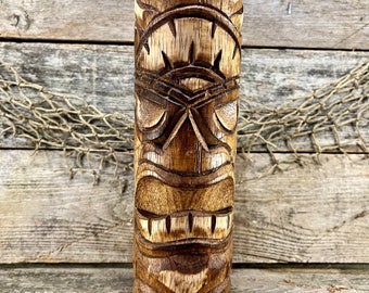 Hand-Carved Wood “Chieftain” Tiki Totem Pole Tabletop Sculpture with Natural Finish