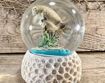 Manatee Mother and Baby On Sparkling River Bottom Resin and Glass Water Globe On Coral Base